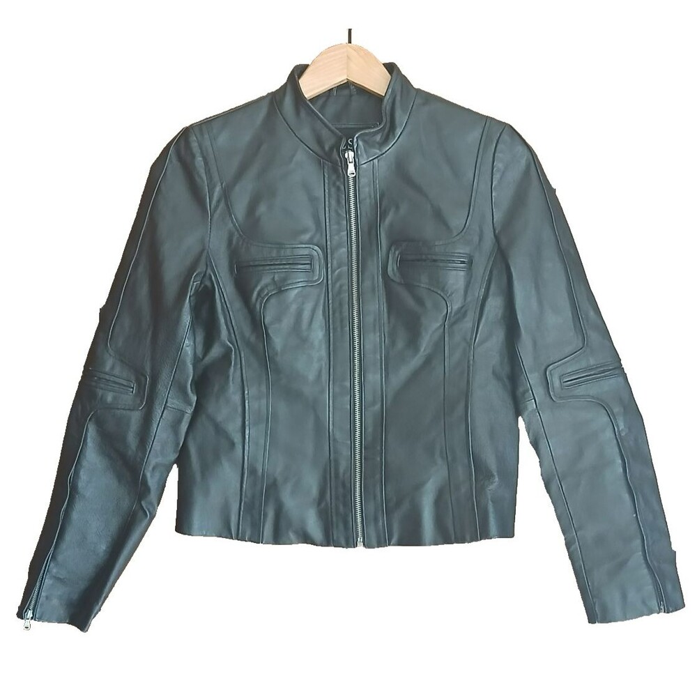 GUESS Vintage Black Genuine Leather Cafe Racer Moto Jacket Womens Small Zip Cuff